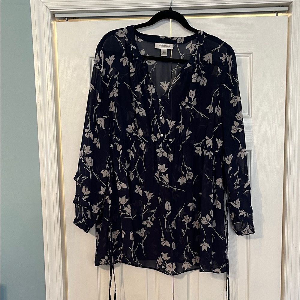 Motherhood Maternity Navy Floral Sheer V-Neck Maternity Blouse